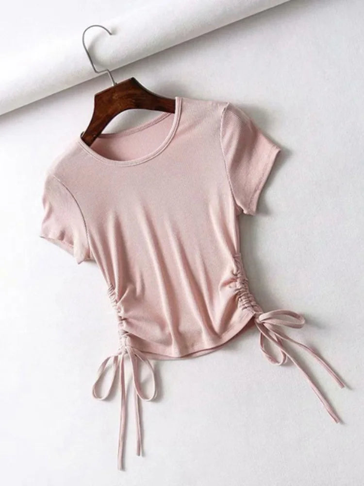 Sexy Side Drawstring Tie Up Ruched Tank Tops Women Solid Color Slim Crop Top Ladies Streetwear Ribbed Knitted Tees