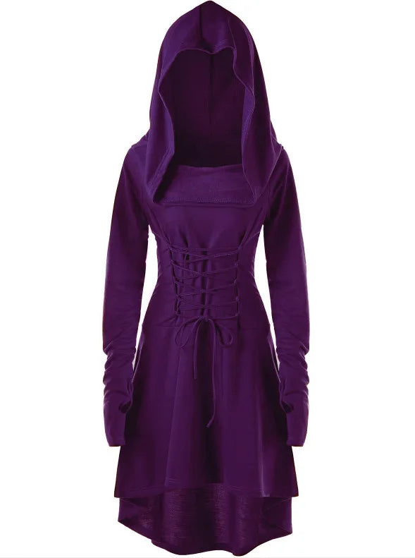 Autumn and Winter Women's Solid Color Festival Performance Dress With Long Sleeves and Hooded Lace-up Dress