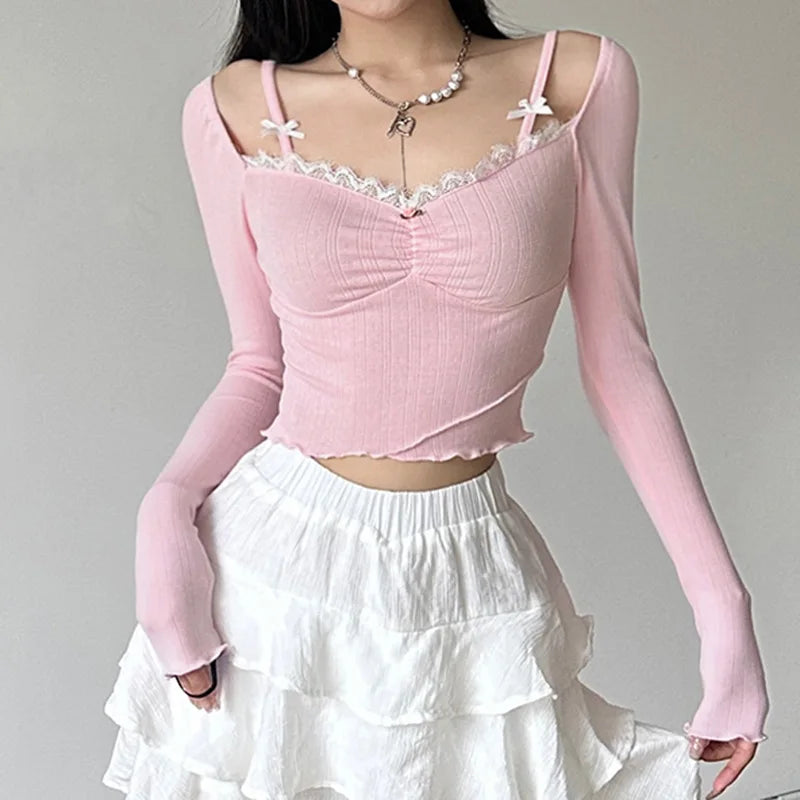 warmmeta-Sweet Lace Stitching V-neck Skinny Top Pink Coquette Aesthetic Slim-fit Long Sleeve Knitted T-shirts Cute Casual Tees