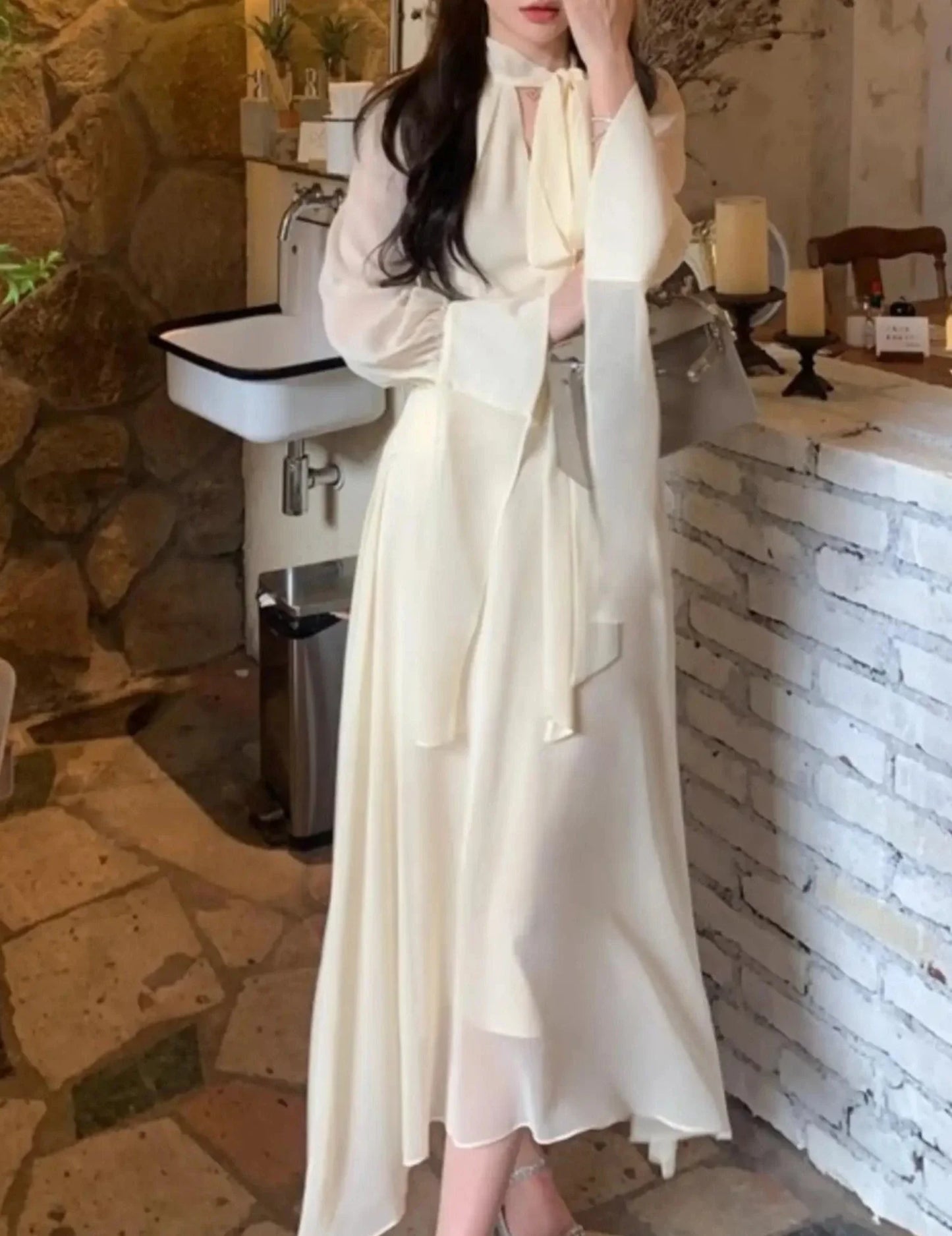 warmmeta Korean Chic Irregular Midi Dress Elegant Lace Up Long Sleeve A-line Vestidos Women French Fashion Fairy Holiday Clothes