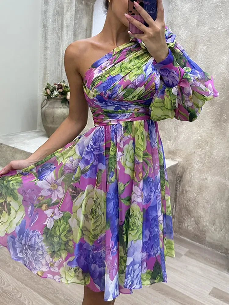 Fashion Icon Dress To impress Summer Boho Women Dresses Chic Mini Loose Hem One Shoulder Skirt Floral Print Beach Dress Vestidos de Mujer 2024