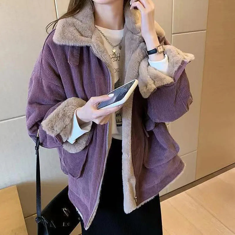 Biyaby New Autumn Winter Warm Corduroy Jacket Women Casual Loose Thicken Plush Coat Woman Korean Pocket Zipper Lamb Wool Parkas