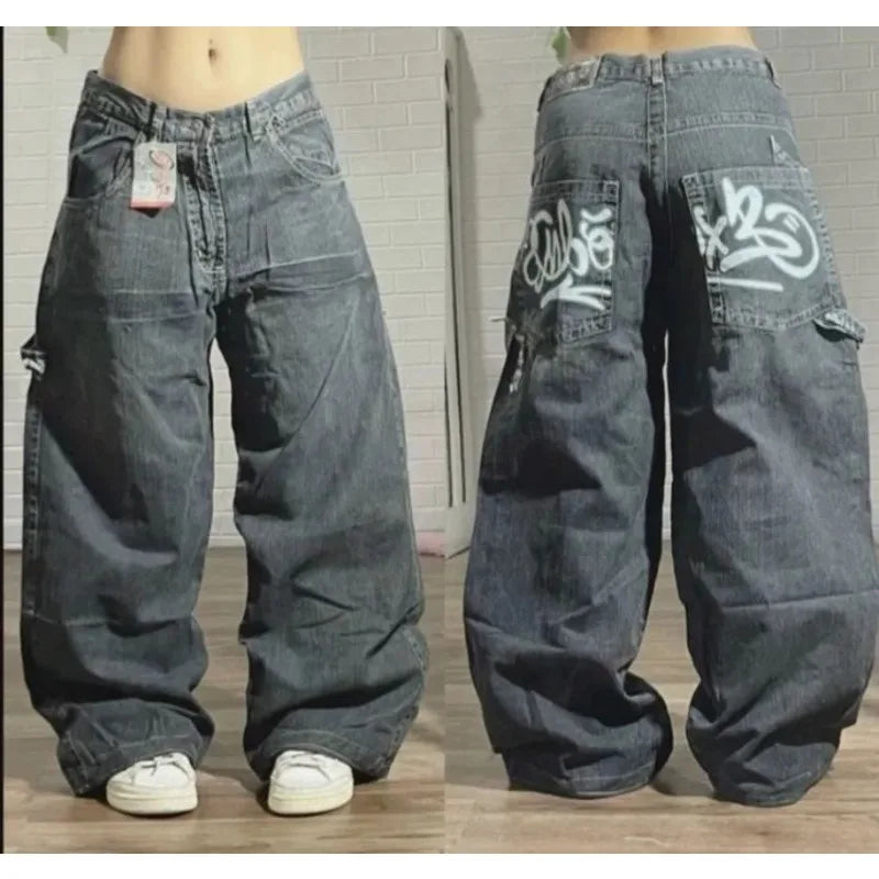 warmmeta Street Vintage Jeans New Y2K Harajuku Wash blue Multiple pockets Baggy Jeans Denim Pants Mens Womens High Waist Wide Trousers