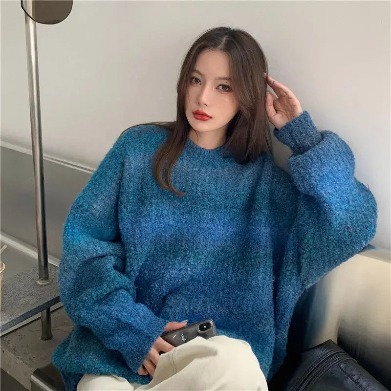 Retro Japanese thick sweater loose lazy female outer wear tie-dye gradient color winter new women knitted sweater sweater