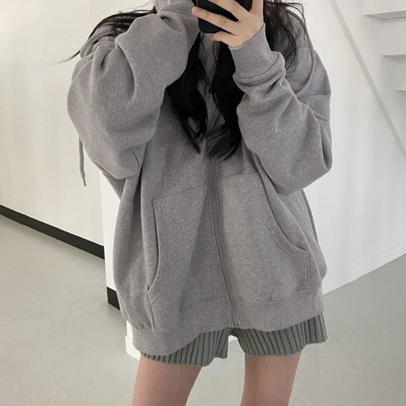 warmmeta Women Hoodies Autumn Retro Solid Color Zip Up Oversized Sweatshirts Harajuku Korean Version Long Sleeve Hooded Jackets Coat