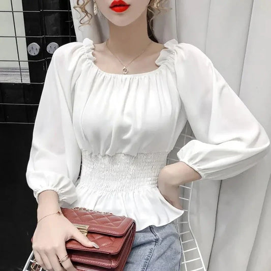 Youth Elegant Blouse Women Chiffon Fashion Blouse Off Shoulder White Shirt Ruffle Puff Sleeve Top Office wear