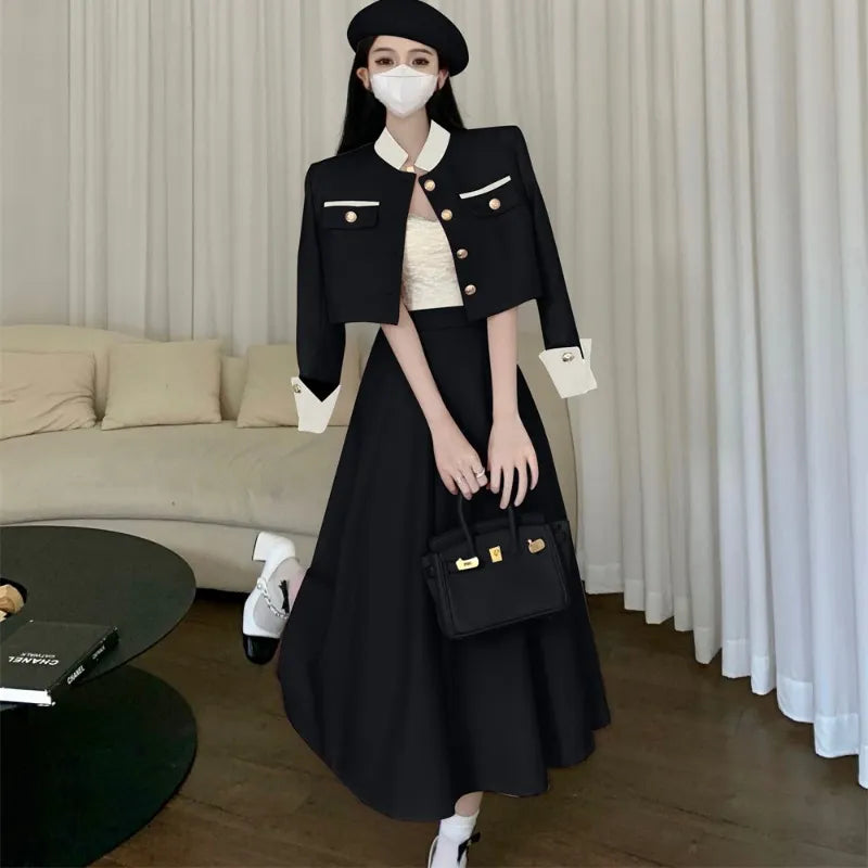 New Designer Autumn Two Piece Set Women Single Breasted Short Jacket Coat + High Waist Midi Aline Skirts Set Office Lady Elegant