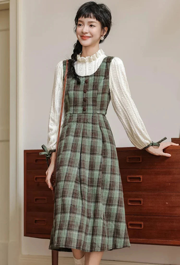 Slower Life Plaid Long Sleeve Cottagecore Dress