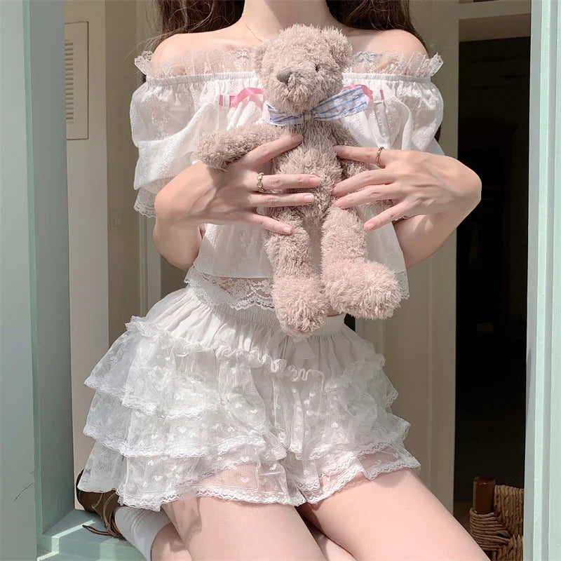 Snow Petal Ruffled Tulle Lace Bloomer Lolita Shorts