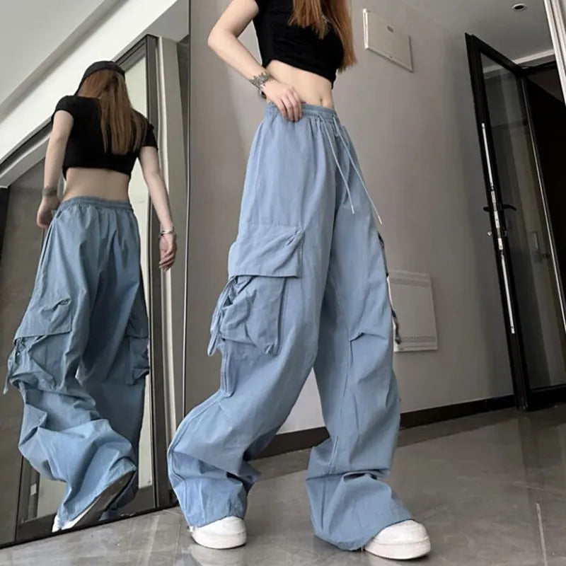 Zoki Hip Hop Y2K Cargo Pants Women Streetwear Harajuku Big Pockets Casual Trousers Korean Loose High Waist Design Solid Pants Z