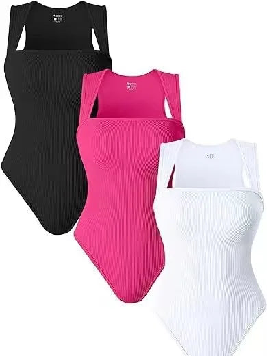 Fitness Women's 3 Piece Bodysuits  Women swear Underwear Sexy Ribbed Strappy Square Neck Sleeveless Tummy Control Tank Tops Bodysuits