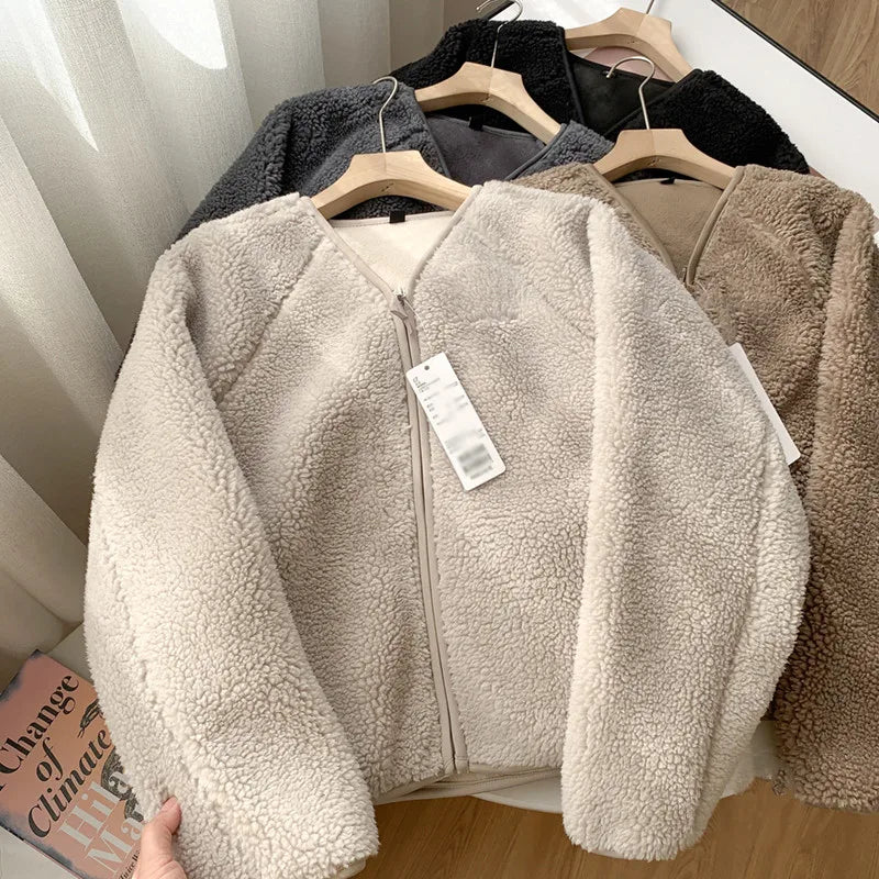 warmmeta Lamb Fur Women Coats Autumn Winter Solid Thick Warm V-Neck Long-Sleeved Casual All Match Female Outwear Jackets