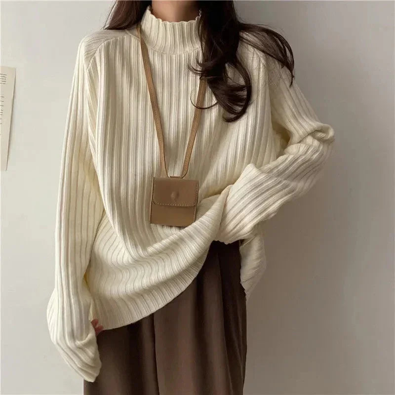 Turtleneck  Sweaters Fashion Loose Long Sleeve Women Pullover Casual Basic Solid Office Lady Knitwears Jumper