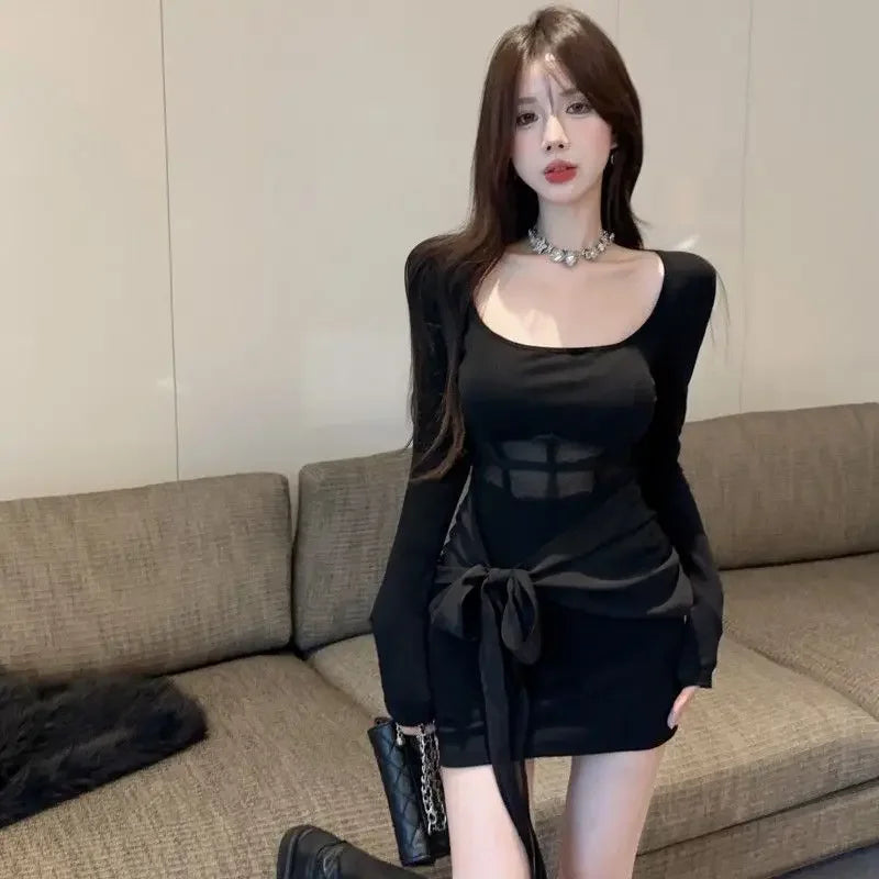 WARMMETA Woman Dress Sexy Mesh Patchwork Long Sleeve Square Collar Slim Stretch Black Elegant Dresses Party Female Stylish