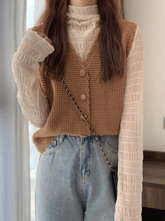 Vintage Sweater Vest Women Autumn Casual Sleeveless Knitted Cardigan Vest Female Korean Fashion Preppy Style Waistcoat Knitwears