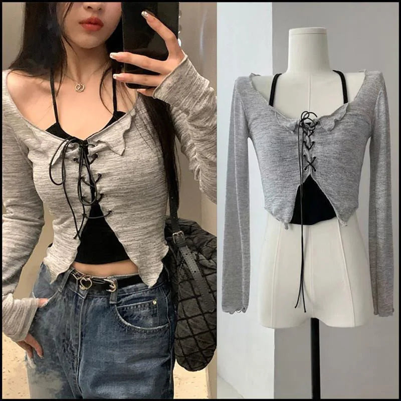 Korean Suspender Cardigan Set Women's Early Autumn Sexy V-neck Slim Crop Long Sleeve Cross Bandage Knit Top Y2K Two Piece Suit