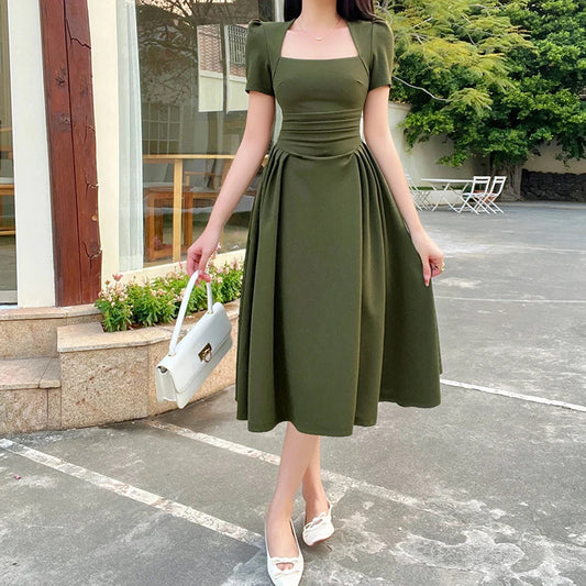 warmmeta-Women's Long Dresses New Top Pure Color Casual Temperament Elegant Extended Vintage Tea Break Short Sleeve Long Dresses