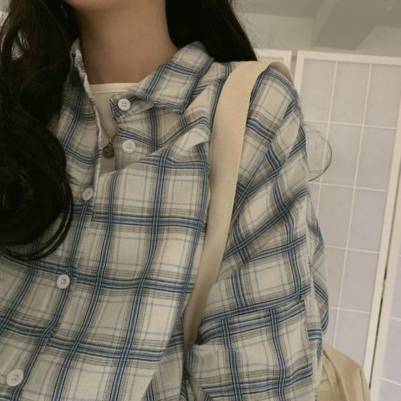 warmmeta-Rimocy Women's Plaid Oversize Shirt Spring Summer Lantern Sleeve Vintage Blouse Women Thin Button Up Loose Check Shirt Female