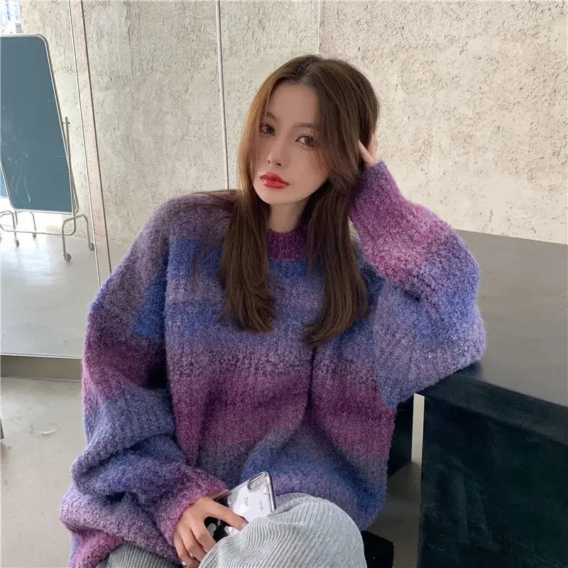 Retro Japanese thick sweater loose lazy female outer wear tie-dye gradient color winter new women knitted sweater sweater