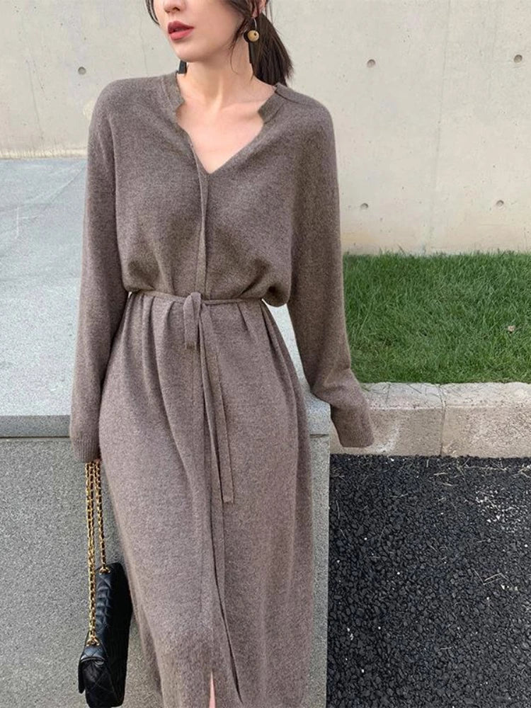 Sweater Dress for Women Autumn Winter Mid Length Underlay Outwear Over Knee Drawstring Waist Elegant Knit Dress Women's Clothing