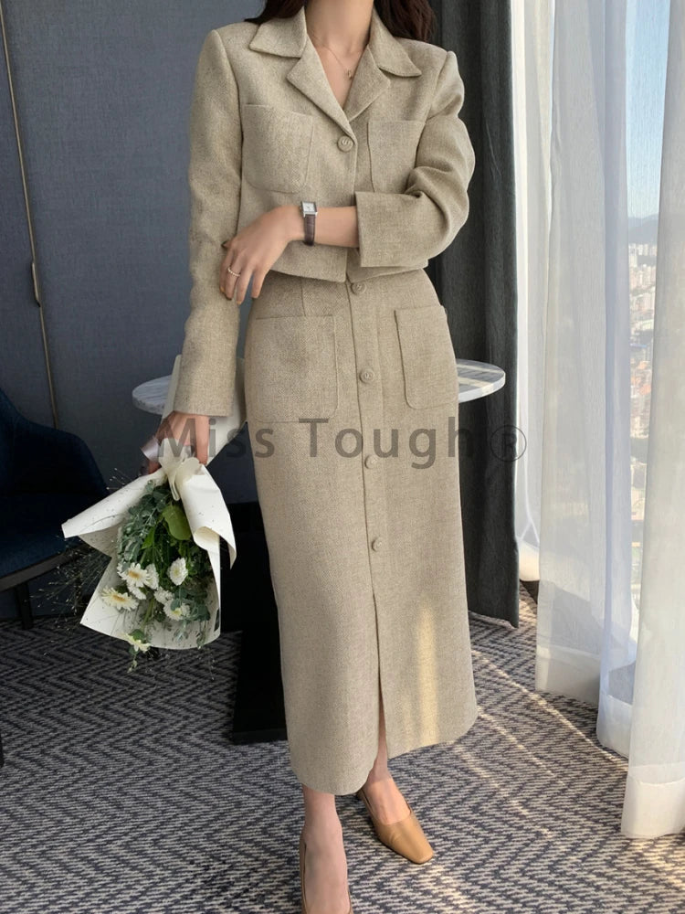 Winter Vintage Elegant Two Piece Set Women Pockets Jacket Coat+ Retro Midi Skirt Suit Female Korean Style Chic Designer Set