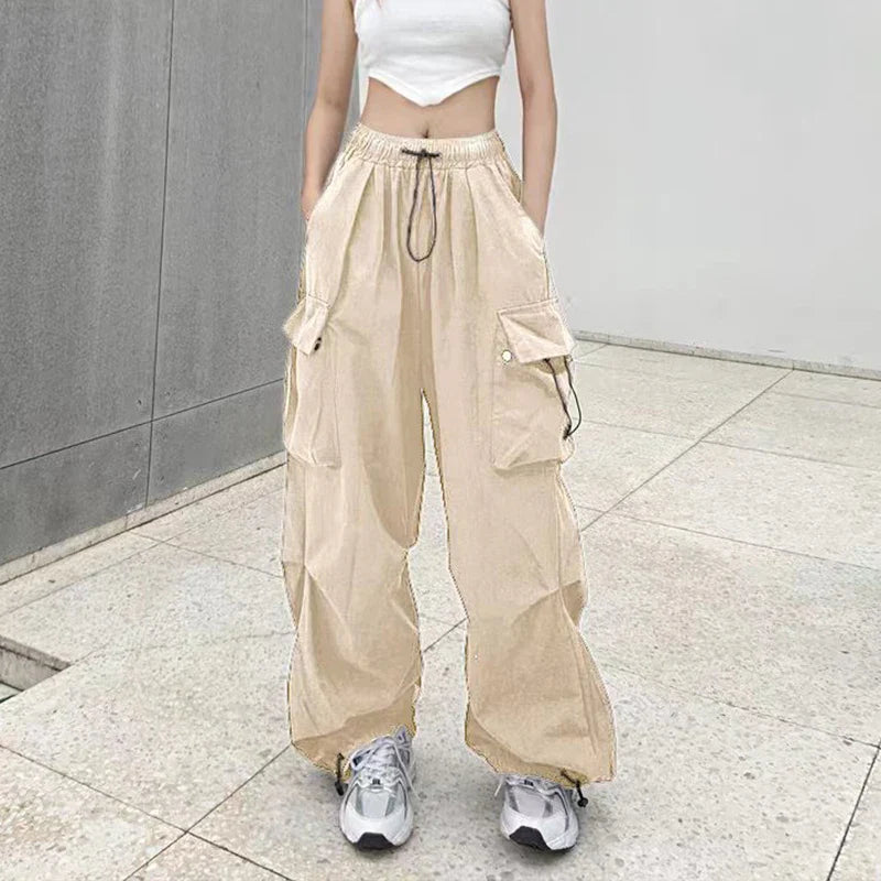 warmmeta Women Casual Joggers Tech Pants Solid Low Waist Sweatpants Drawstring Wide Leg Baggy Trousers Y2k Streetwear Oversize Sweatpants