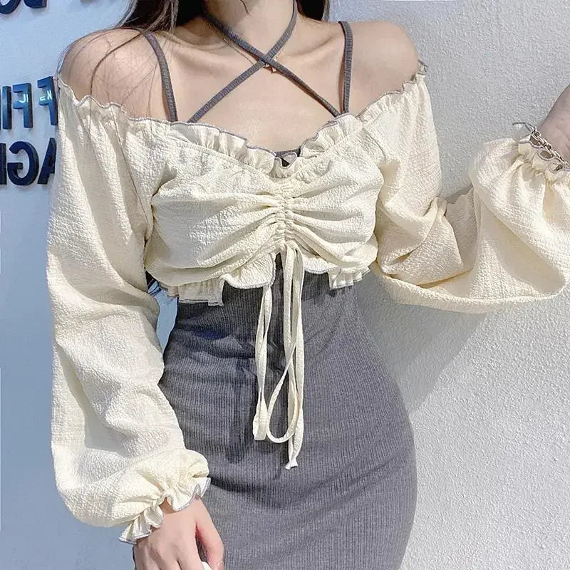 Vintage Two Piece Set Slash Neck Puff Sleeve Ruffles Draw String Crop Tops Forked Female Slim Fashion Tand Dresses Spring Sets