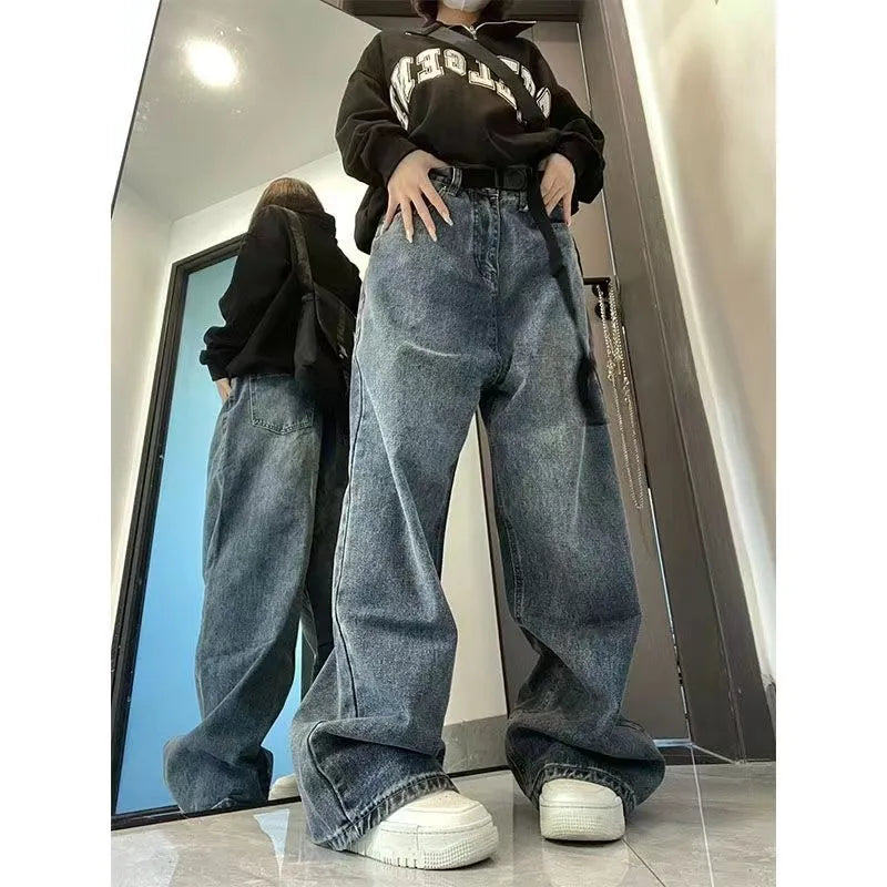 Harajuku Baggy Femme Jeans Y2K Dark Blue Brown High Waist Streetwear 90S Baggy Trousers Women Pants Straight Wide Leg Pants