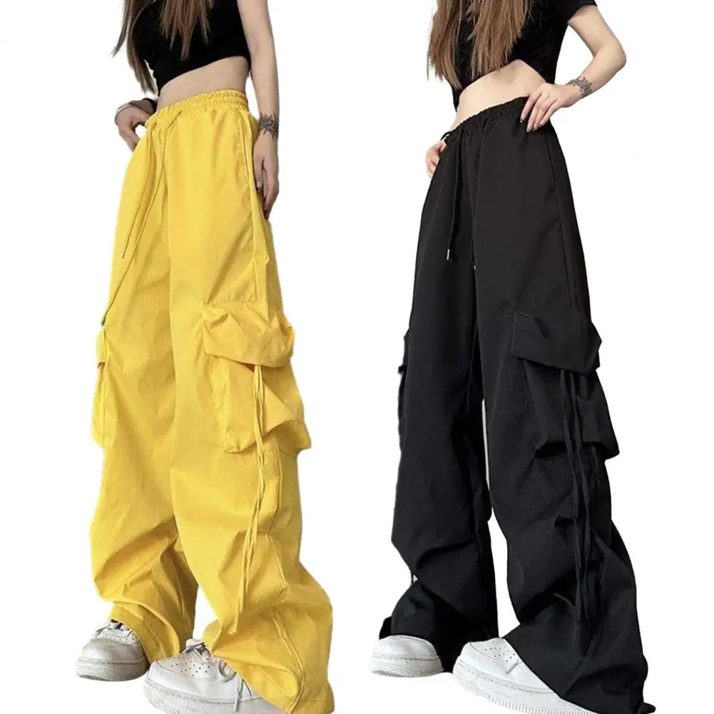 Retro Women Elastic High Waist Cargo Pants Drawstring Multi Pockets Straight Wide Leg Casual Long Trousers Streetwear