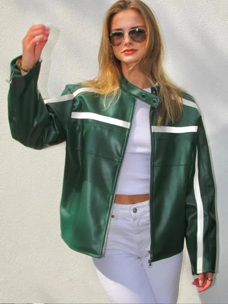 2024 Vintage Green White Patchwork Zipper Leather Jacket Chic Stand Collar Long Sleeve Cropped Coats Lady Autumn High Streetwear