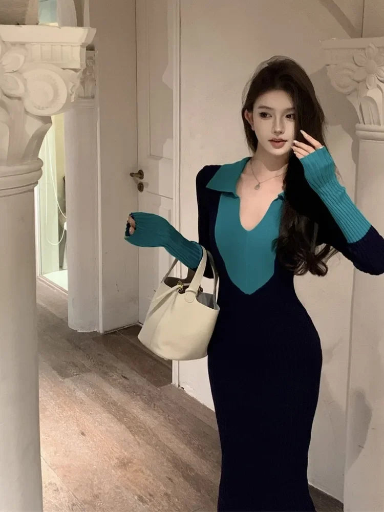 WARMMETA Knitted Dresses Women French Style V Neck Autumn Winter Basic Contrast Slim Stretch Elegant Dress Ladies Fashion