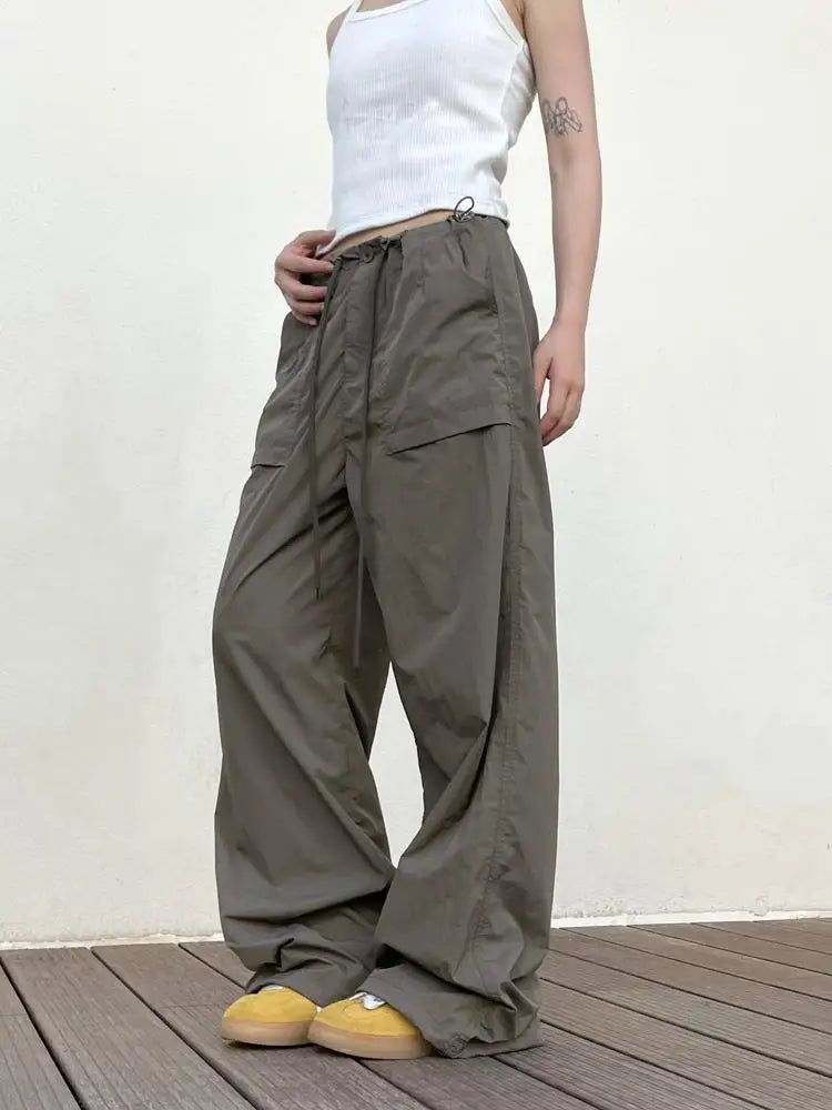 Black Oversized Parachute Pants Women Wide Cargo Trousers Japanese Style Casual Pleated Joggers Streetwear Vintage Y2k