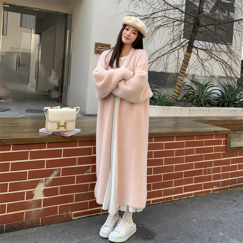 Autumn/Winter Lazy Style Loose Knee Length Thickened Pure Imitation Mink Fleece Knitted Sweater Cardigan Coat Women's Coat