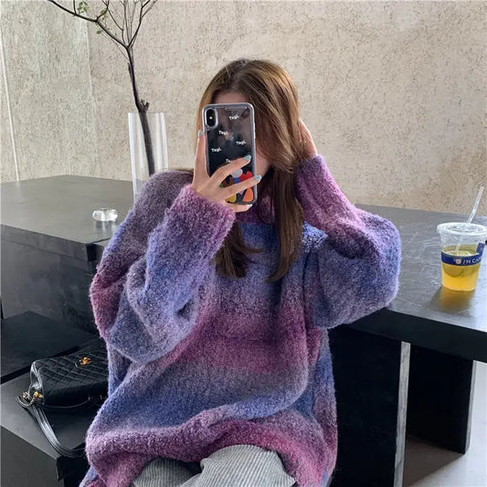 Retro Japanese thick sweater loose lazy female outer wear tie-dye gradient color winter new women knitted sweater sweater