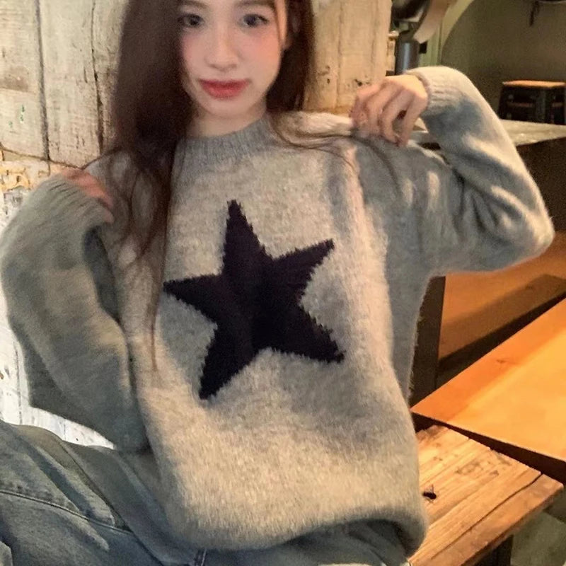 Star Pullover Sweater Women Korean Fashion Loose O-Neck Warm Fall Winter Knitwear Pretty Style Hip-Hop Lazy Female Jumpers Tops