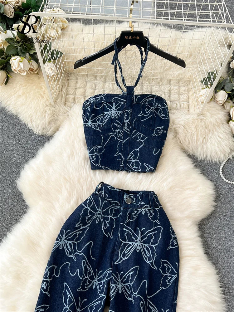 Fashion Sexy Denim Suits Halter Strapless Backless Mini Tops+High Waist Long Skinny Pants Women Summer Streetwear Sets