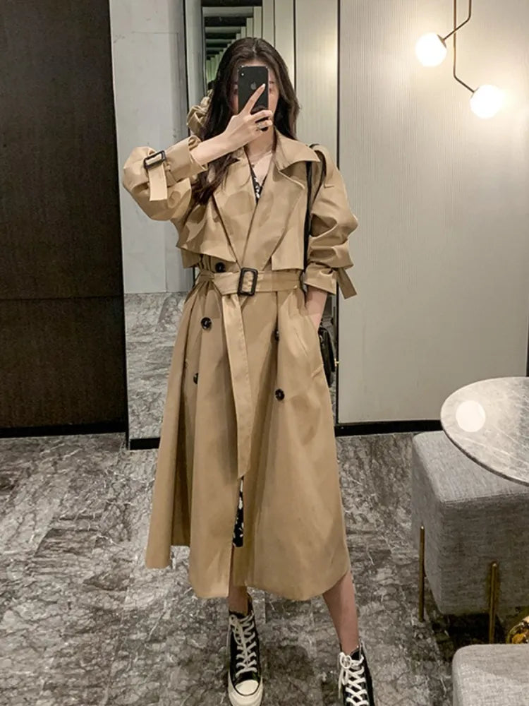 Lapel Women Trench Coat Topcoat Double-breasted Casual Coat Pure Color Autumn Winter  Overgarment Waistband Windbreak Jacket