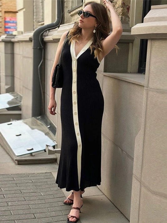 Elegant Contrast Knitted Long Dress Women Sexy V-neck Sleeveless Single Breasted Female Dress 2024 Summer Party Lady Vestidos