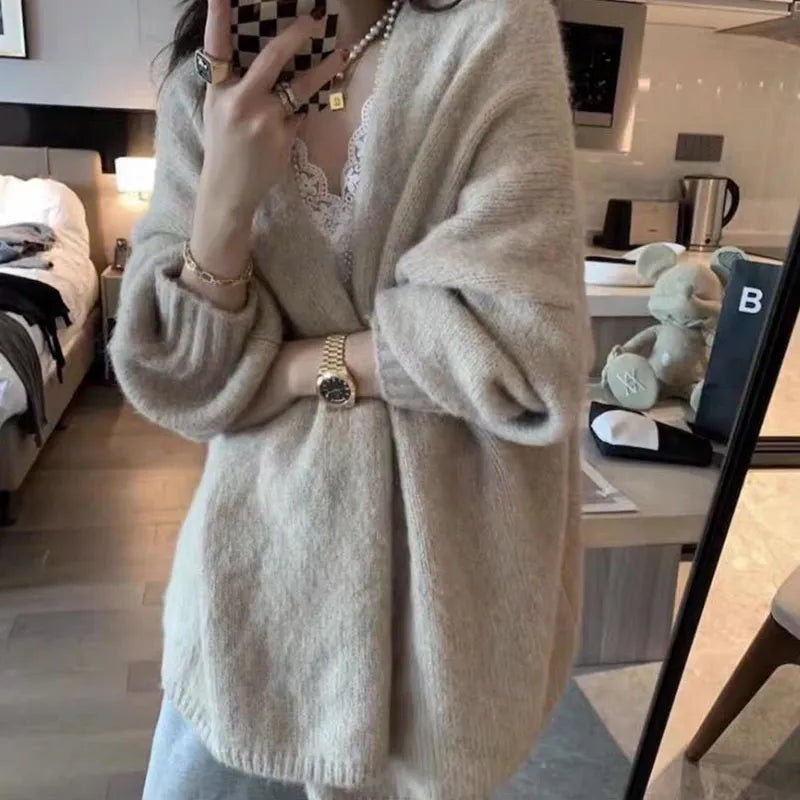 Autumn Winter Thicken Warm Sweater Cardigan Women Japan Style Lazy Wind Soft Knit Cardigans Female Gray Khaki Loose Knitted Coat