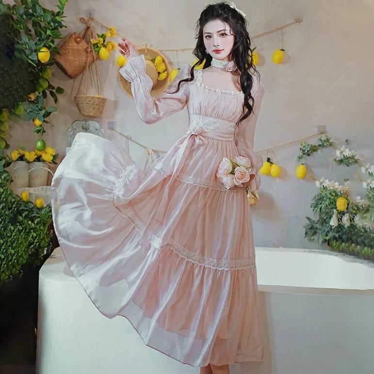 Rosepetal River Fairycore Princess Dress with Choker Necklace