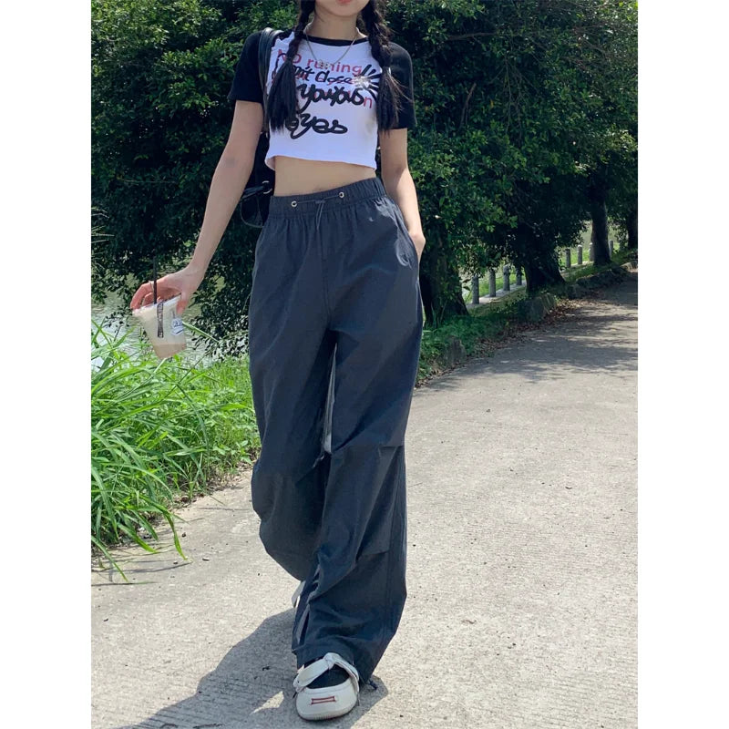 American Vintage Women Loose Cargo Pants Summer Fashion Elastic High Waist Drawstring Solid Thin Casual Straight Sports Trousers