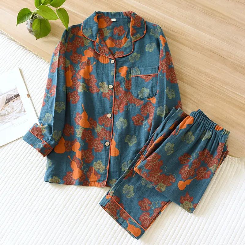 2023 Japanese Spring and Autumn New Women's Pajama Set 100% Cotton Vintage Long sleeved Pants Two Piece Set for Home Furnishings