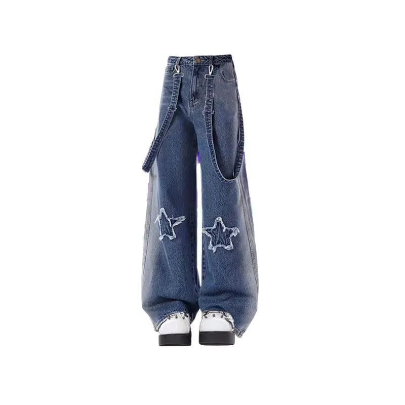 Vibe Vintage Ragged Star Strap Jeans Autumn New Y2K Loose Straight Leg Wide Leg Denim Strap Pants