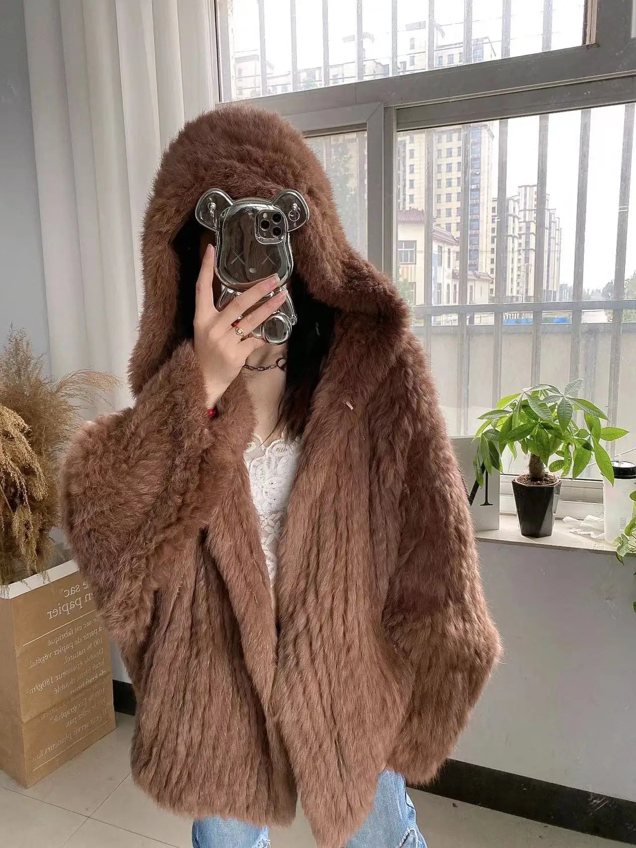 Autumn Winter Women Real Rabbit Fur Coat 100% Natural Fur Jacket Loose Manual Weave Quality Streetwear Hooded Flare Sleeves New