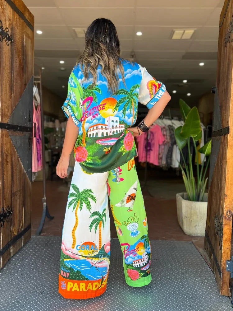 Casual Tropical Style Printed Pants Suit Women Short Sleeve Shirts Loose Wide Leg Trousers Set Female Holiday Summer Beachwear