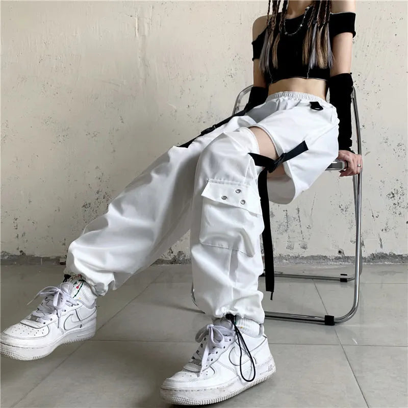 Streetwear Spring Summer Cargo Pants Women Harajuku Slim Punk Ribbons Joggers Elastic Waist Ankle-Length Trousers For Girls