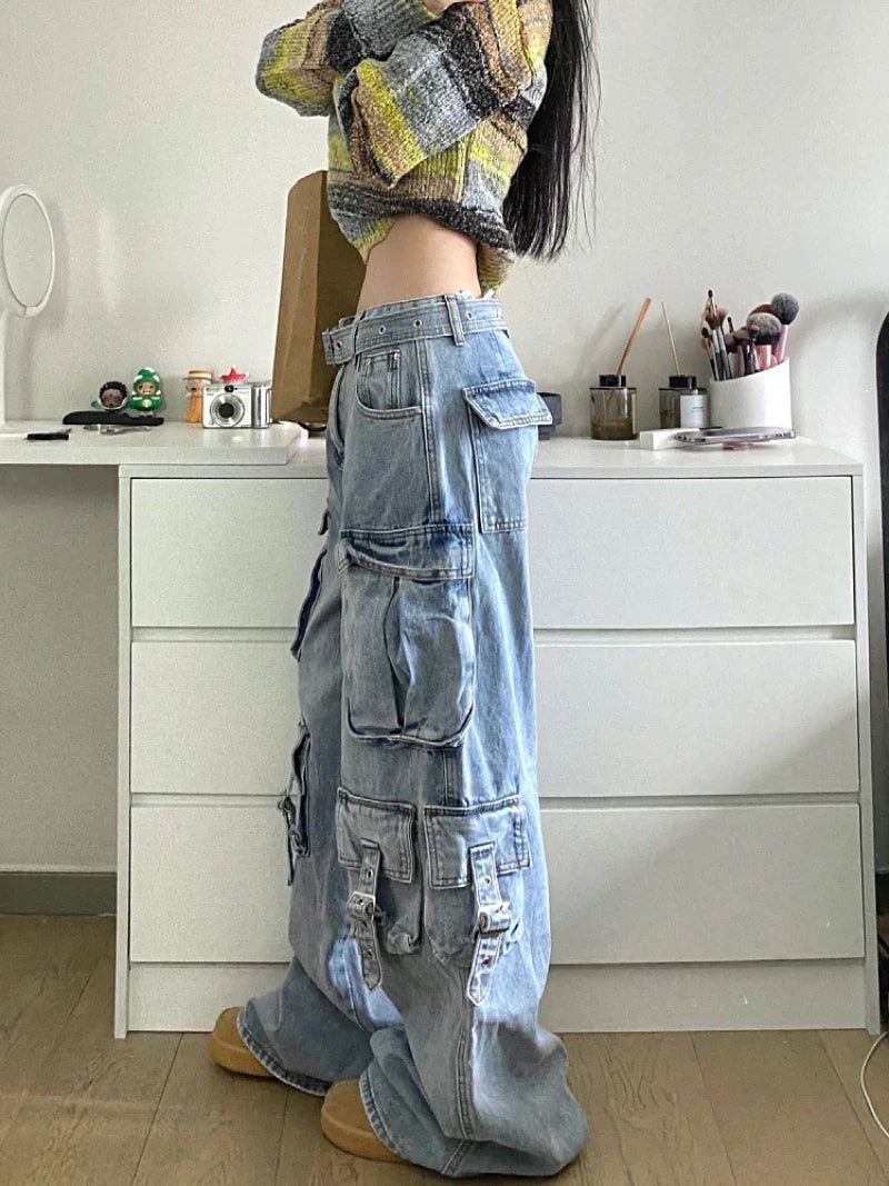 Autumn Winter New Ladies Cargo Jeans American Street Style Baggy Cargo Pants Women Blue Multi-pocket Wide Leg Jeans for Women