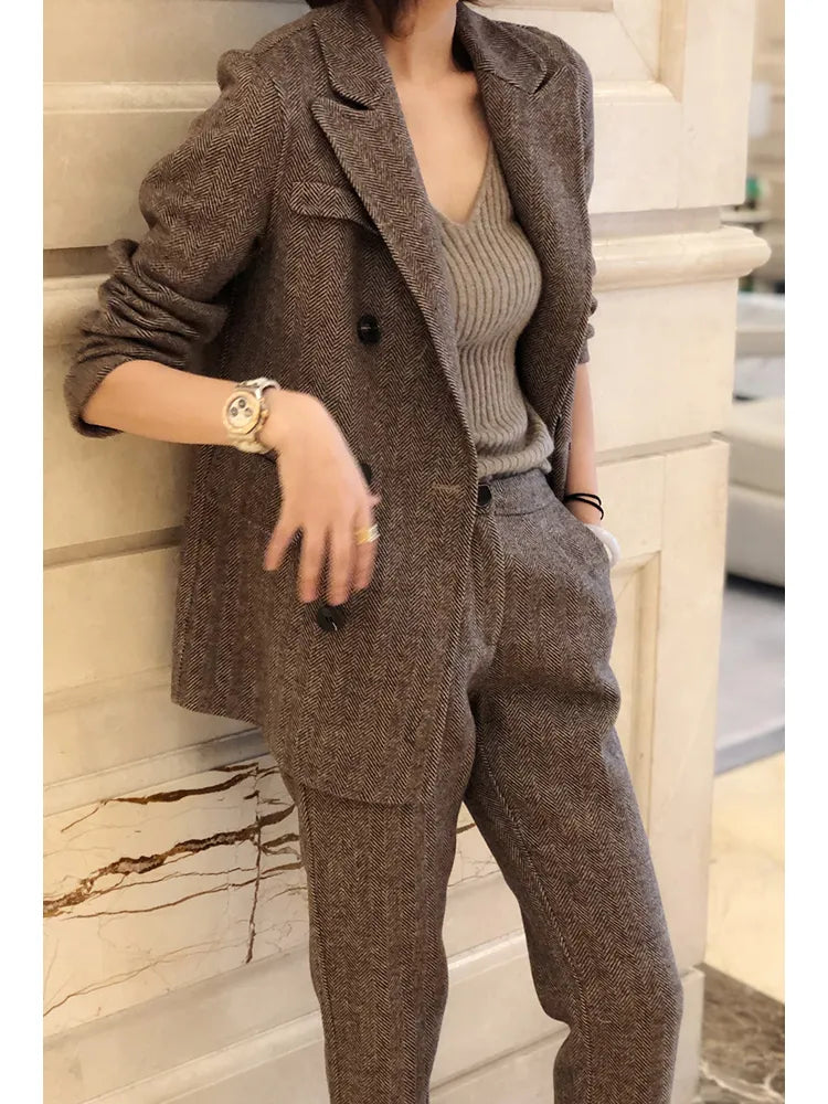 Women Woolen Blazer and Pantsuits Chic Elegant Korean Fashion Trousers Outfits Autumn New Female Suit Jacket 2 Piece Sets