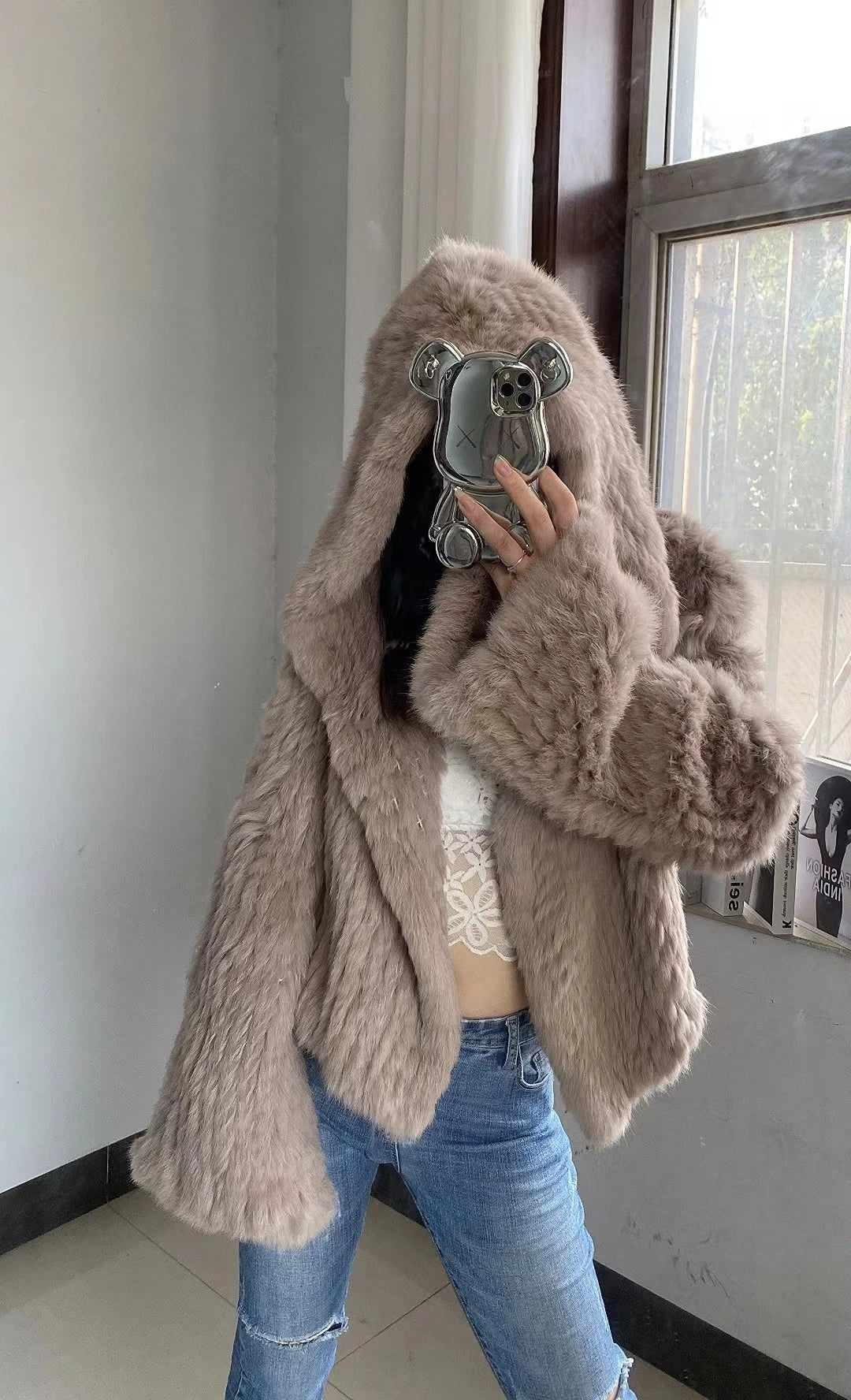 Autumn Winter Women Real Rabbit Fur Coat 100% Natural Fur Jacket Loose Manual Weave Quality Streetwear Hooded Flare Sleeves New