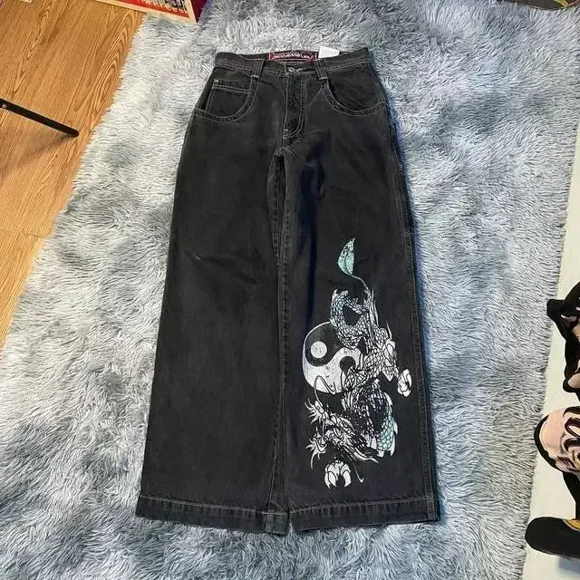 warmmeta Jeans New Harajuku Hip Hop Retro Skull Graphic Embroidered Baggy Jeans Denim Pants Men Women Goth High Waist Wide Trousers